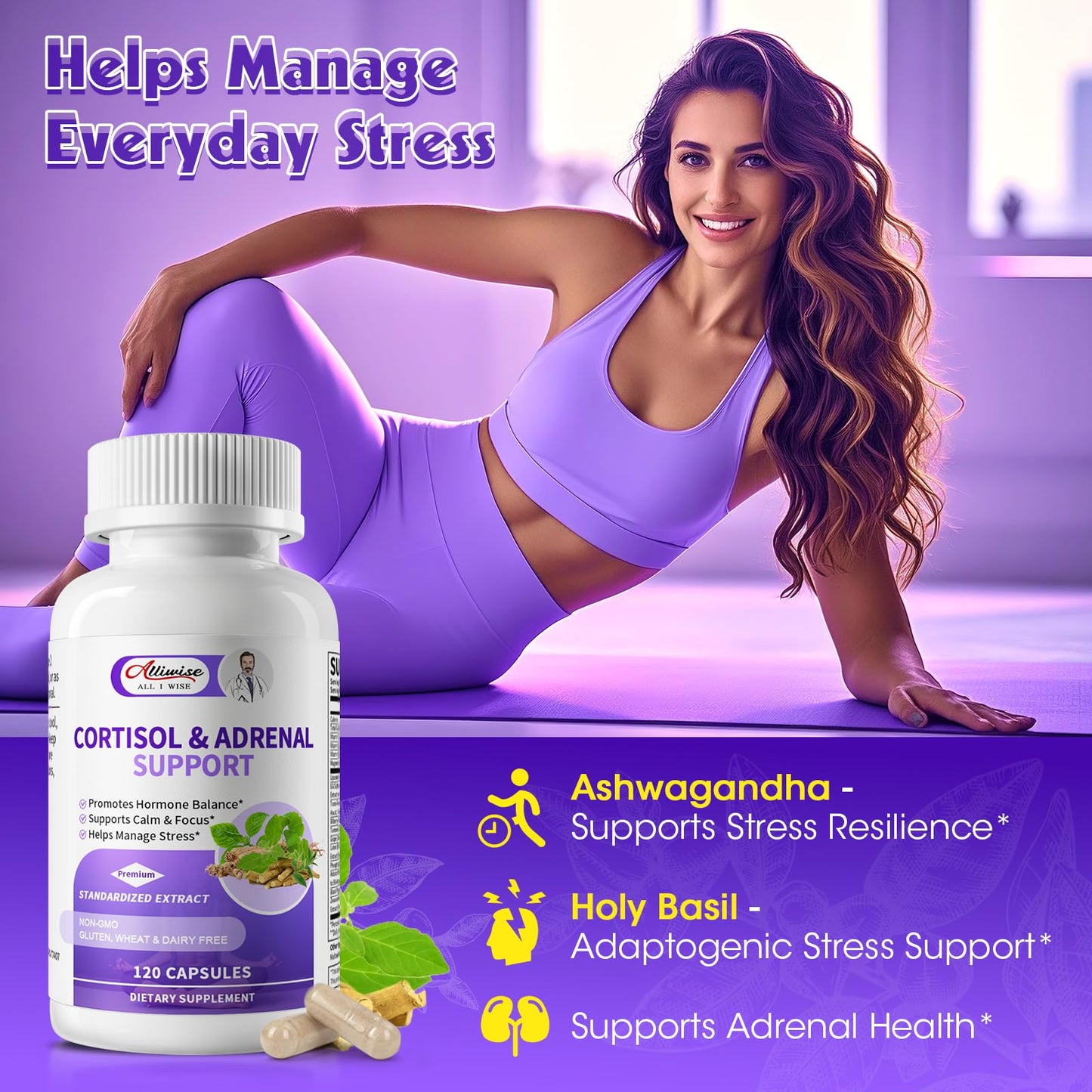 Cortisol Supplements for Women - Adrenal Support with Ashwagandha, L-Theanine & Holy Basil for Stress Relief, Mood & Steady Focus - Hormone Balance - 120 Vegan Capsules