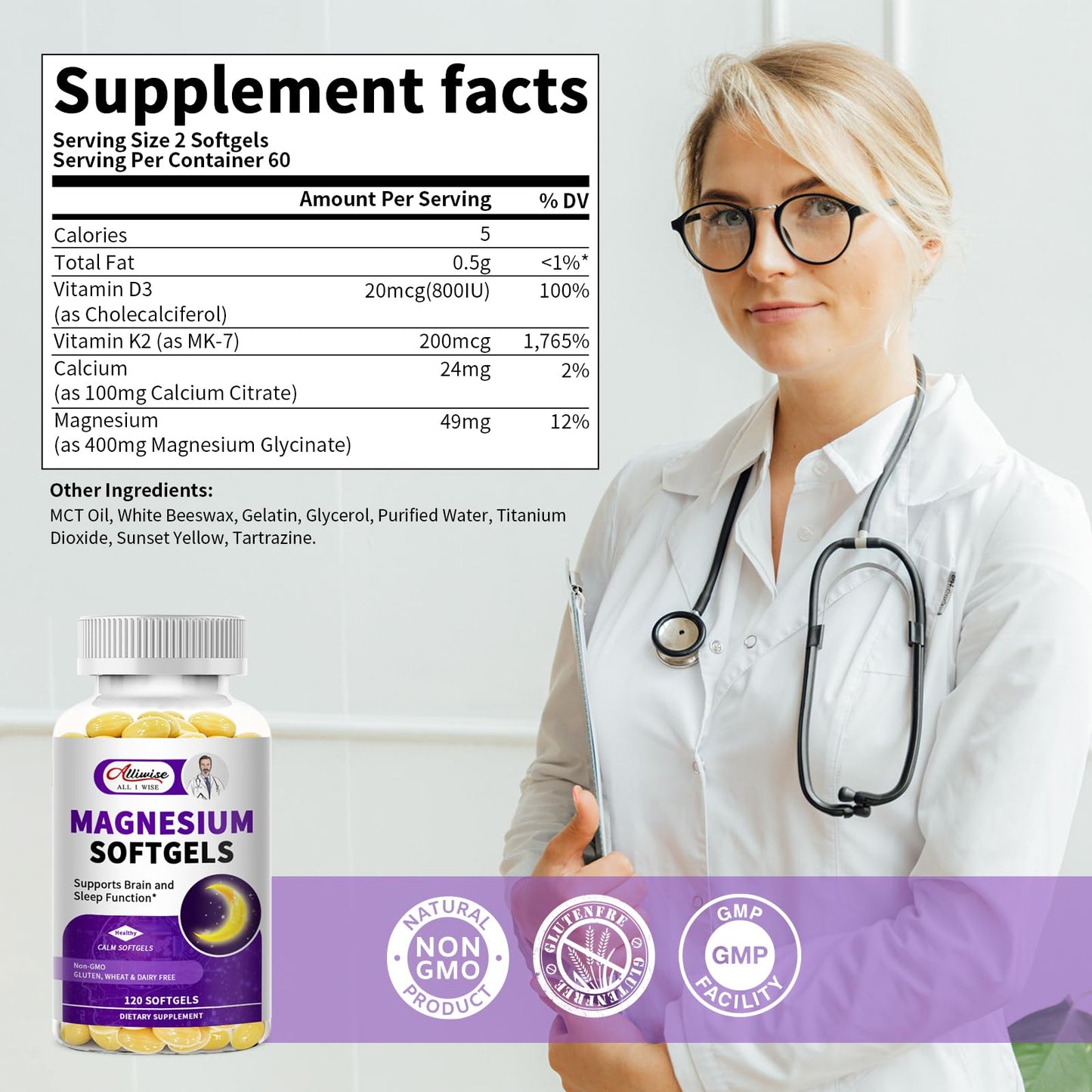 High Absorption Magnesium Glycinate 400mg Softgels Supplement, 400 mg Elemental Magnesium with 100mg Calcium - Highly Bioavailable - with Vitamin D3 & K2, for Sleep, Mood, Brain Support