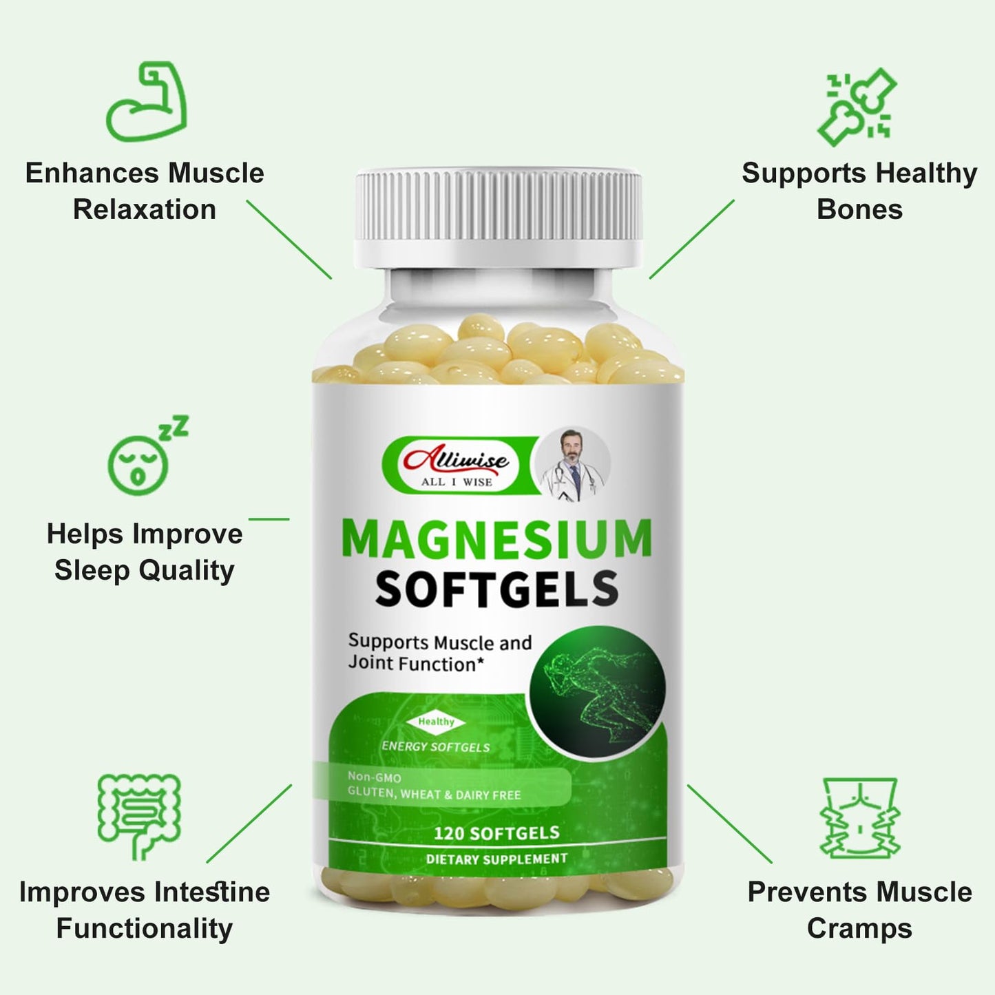 Magnesium Glycinate Supplement, High Absorption Dietary Supplement for Muscle, Heart, Nerve and Bone Support, Gluten Free, Non GMO, 120 Capsules, 60 Day Supply
