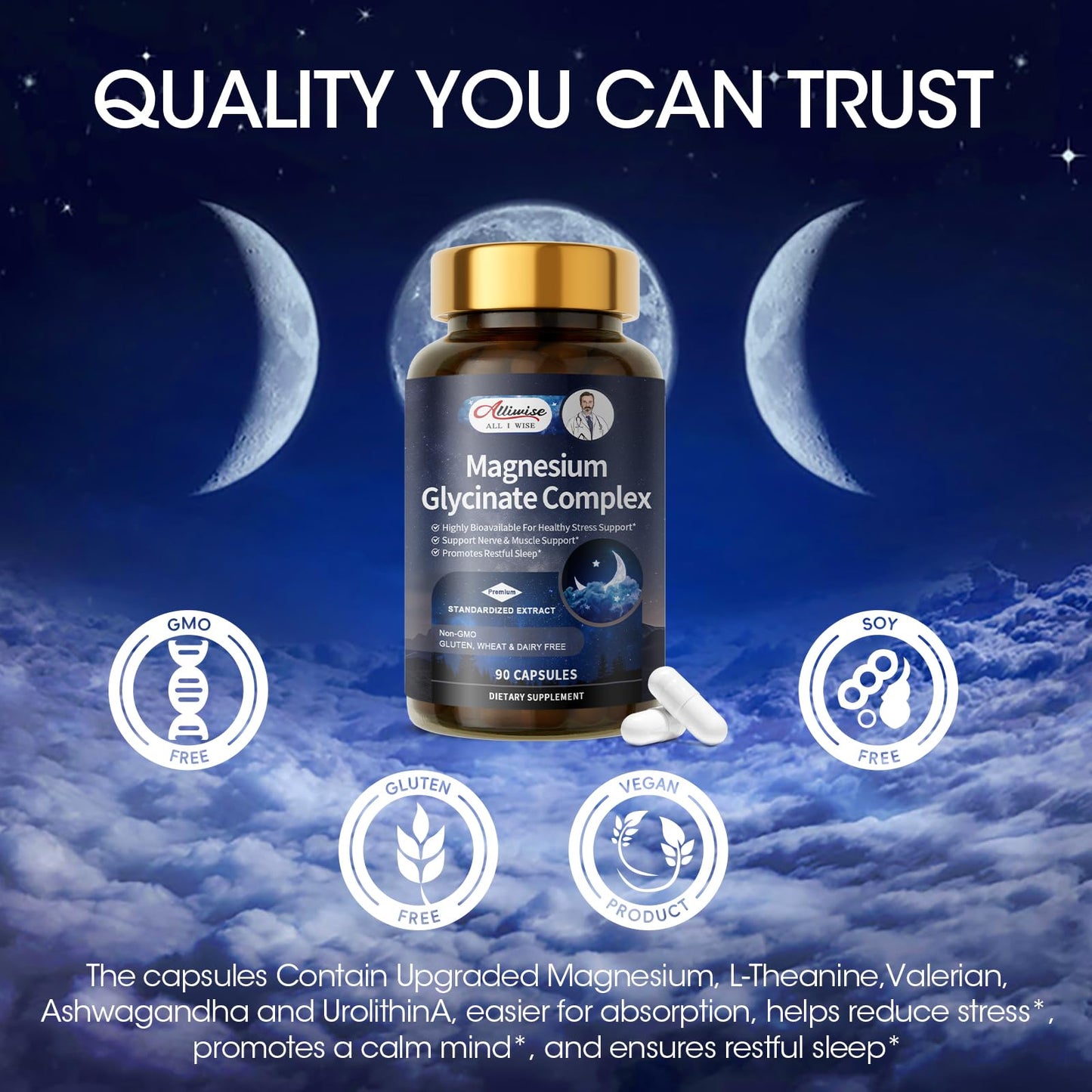 Magnesium Glycinate Complex, High Absorption Vegan Magnesium Supplement for Women and Men, Sleep Support* Promotes Relaxation, Heart, Muscle & Bone Support*, Gluten, Dairy and Soy Free -90 ct