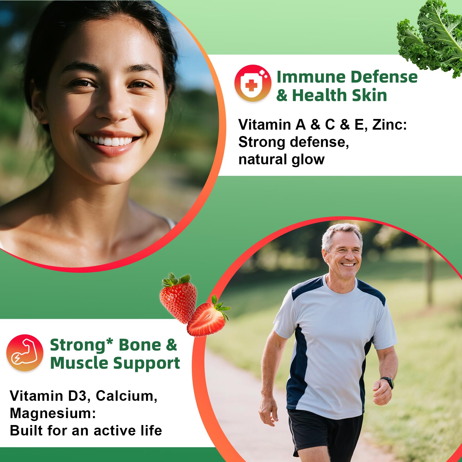 Sugar-Free Fruits & Veggies Gummies, Super Greens with 23 Fruits & 25 Veggies, Multivitamin Minerals & Fiber, Vegan Fruit & Vegetable Supplement for Adults, 120 Gummies, 2 Month Supply
