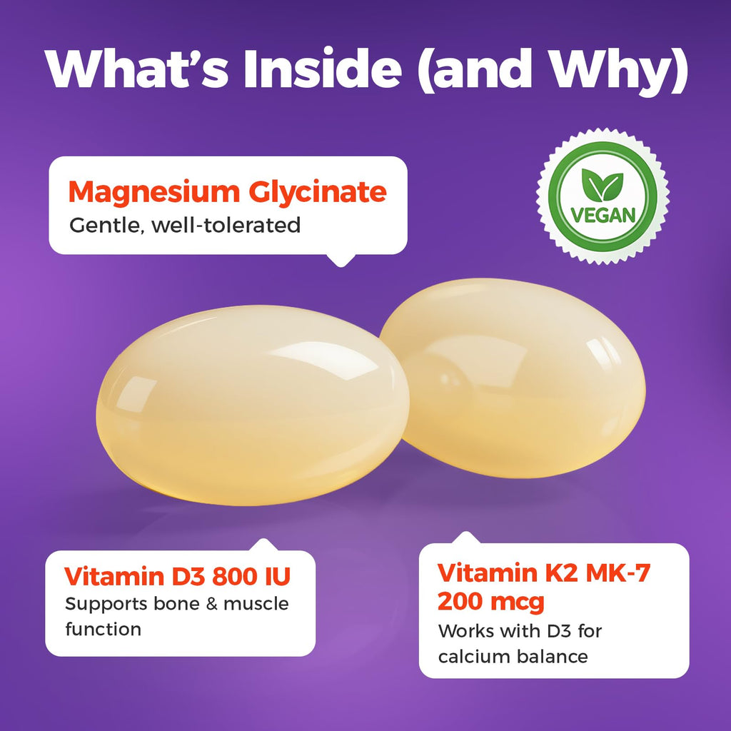 Magnesium Glycinate 400mg Softgels with D3 & K2 | Sleep, Calm & Muscle Support | 120 Count