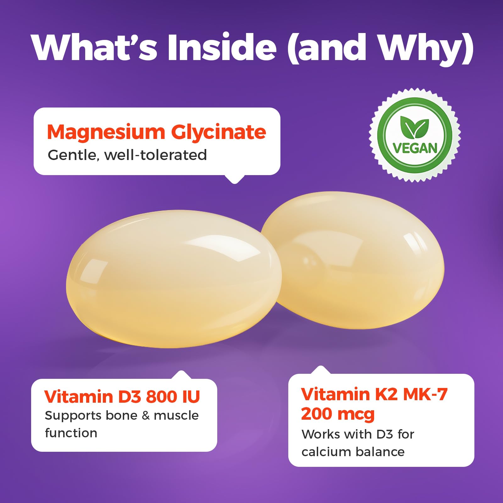 Magnesium Glycinate 400mg Softgels with D3 & K2 | Sleep, Calm & Muscle Support | 120 Count