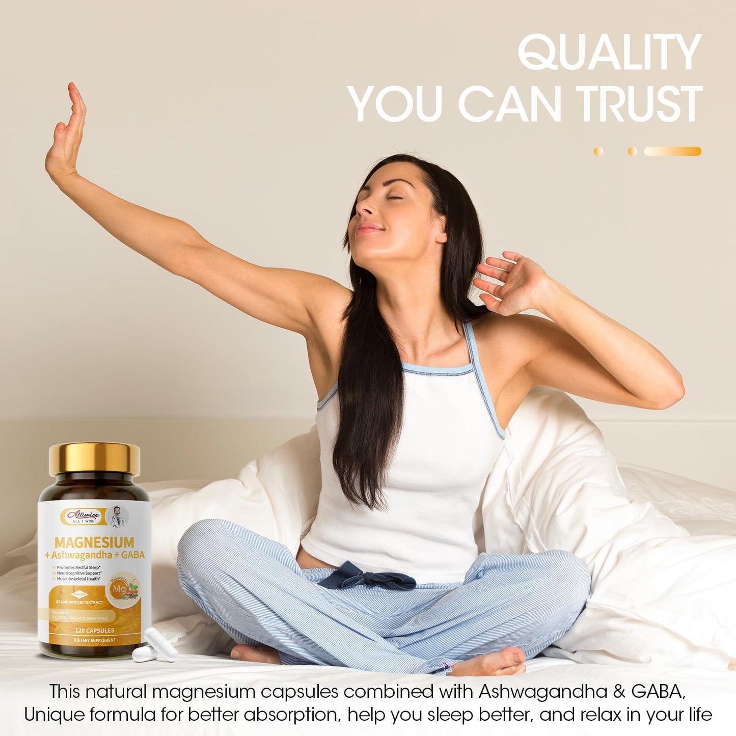 Magnesium Supplement + Ashwagandha & GABA, Magneium Glycinate, Taurate, Malate Complex for Clam Sleep, Muscles Recovery, Nerves, & Energy Support, High Absorption Vegan, Non-GMO - 120 ct