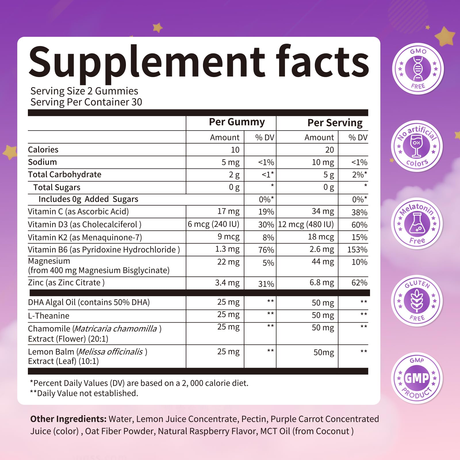Kids Sleep Gummies – Magnesium Glycinate Gummies with DHA, L-Theanine, Chamomile & Lemon Balm, Melatonin Free Calm & Sleep Support, Raspberry Flavor
