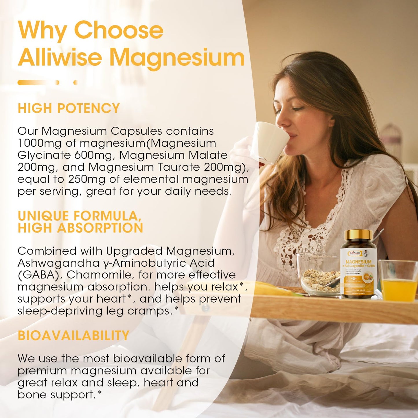 Magnesium Supplement + Ashwagandha & GABA, Magneium Glycinate, Taurate, Malate Complex for Clam Sleep, Muscles Recovery, Nerves, & Energy Support, High Absorption Vegan, Non-GMO - 120 ct