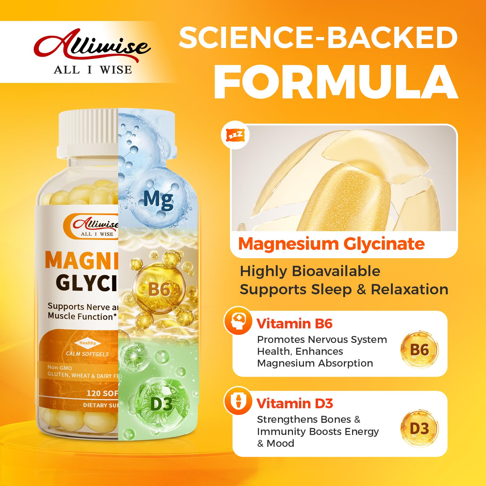 Magnesium Glycinate 400mg Softgels with Vitamin D3 & B6,Small Easy to Swallow Gel Caps,High Absorption, Gentle on Stomach,Supports Sleep, Muscle & Calm,Bone Health,120 Softgels