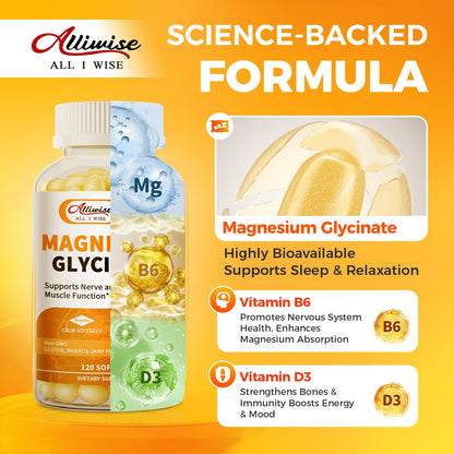 Magnesium Glycinate 400mg Softgels with Vitamin D3 & B6,Small Easy to Swallow Gel Caps,High Absorption, Gentle on Stomach,Supports Sleep, Muscle & Calm,Bone Health,120 Softgels