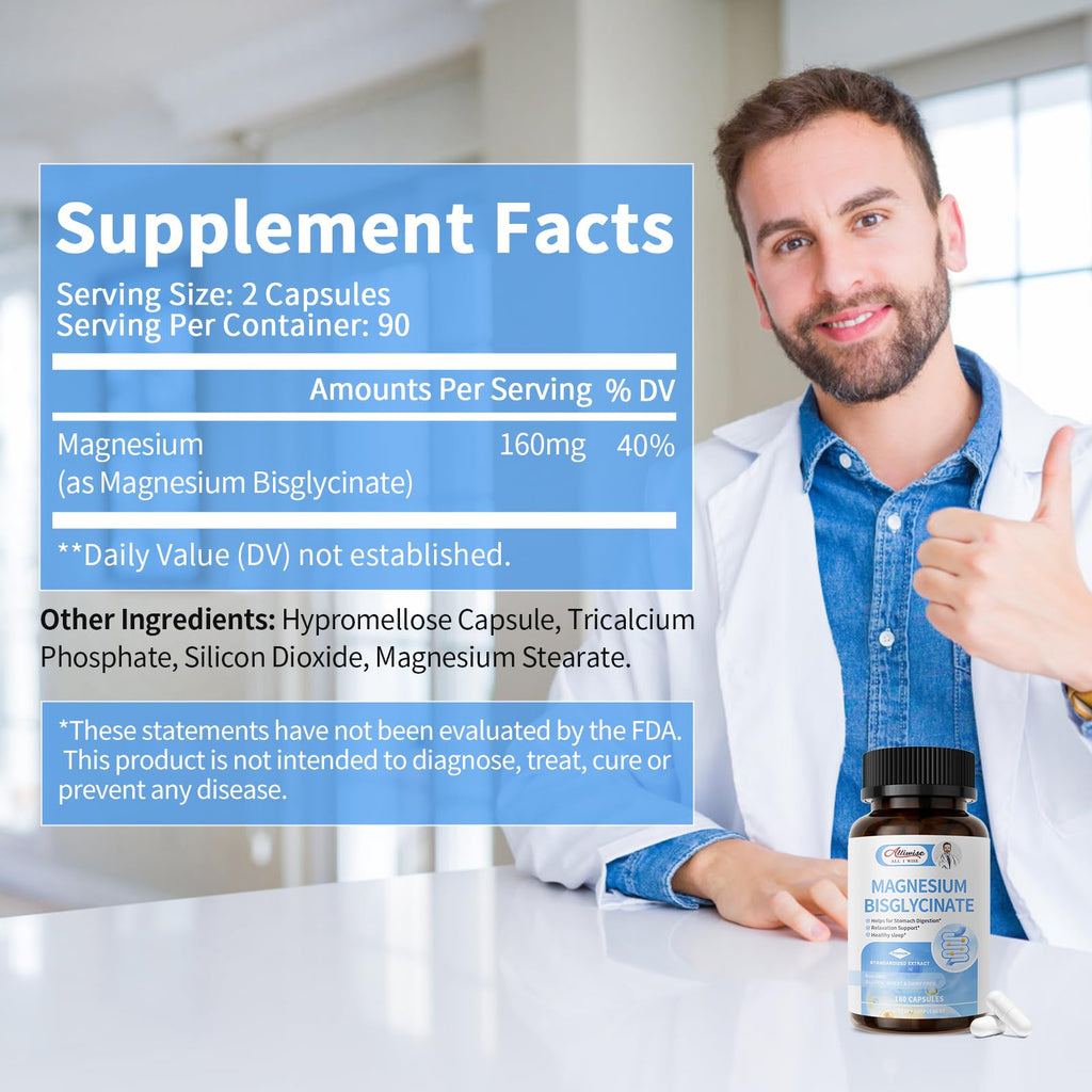 Magnesium Bisglycinate 100% Chelate, Maximum Absorbable Magnesium Glycinate Supplement for Restful Sleep, Energy Muscle Bone & Joint Support Non-GMO, Gluten-Free - 180 Capsules