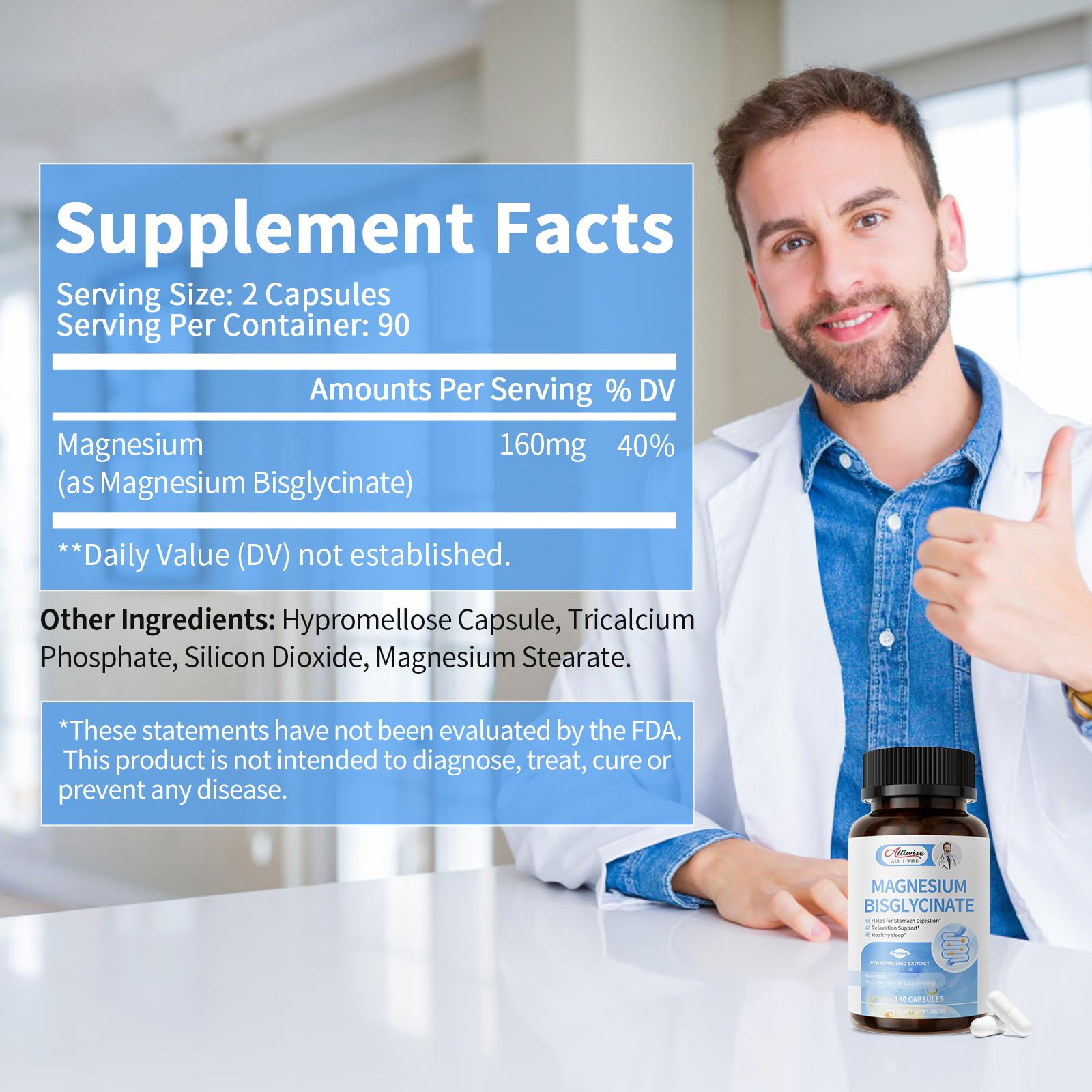 Magnesium Bisglycinate 100% Chelate, Maximum Absorbable Magnesium Glycinate Supplement for Restful Sleep, Energy Muscle Bone & Joint Support Non-GMO, Gluten-Free - 180 Capsules