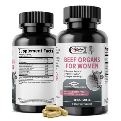 Women’s Beef Organ Supplement – 7-in-1 Grass Fed Formula with Liver, Uterus, Heart & More | Hormonal Balance & Digestive Support* | 90 Capsules**