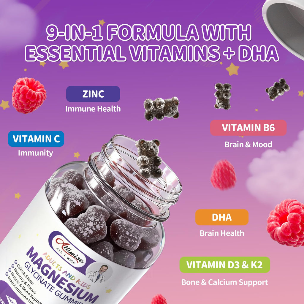 Kids Sleep Gummies – Magnesium Glycinate Gummies with DHA, L-Theanine, Chamomile & Lemon Balm, Melatonin Free Calm & Sleep Support, Raspberry Flavor