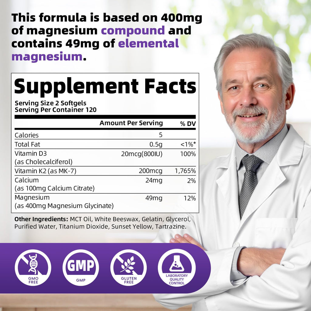 2 Pack High Absorption Magnesium Glycinate 400mg Softgels Supplement, Magnesium with Calcium - Highly Bioavailable - with Vitamin D3 & K2, for Sleep, Mood, Brain Support