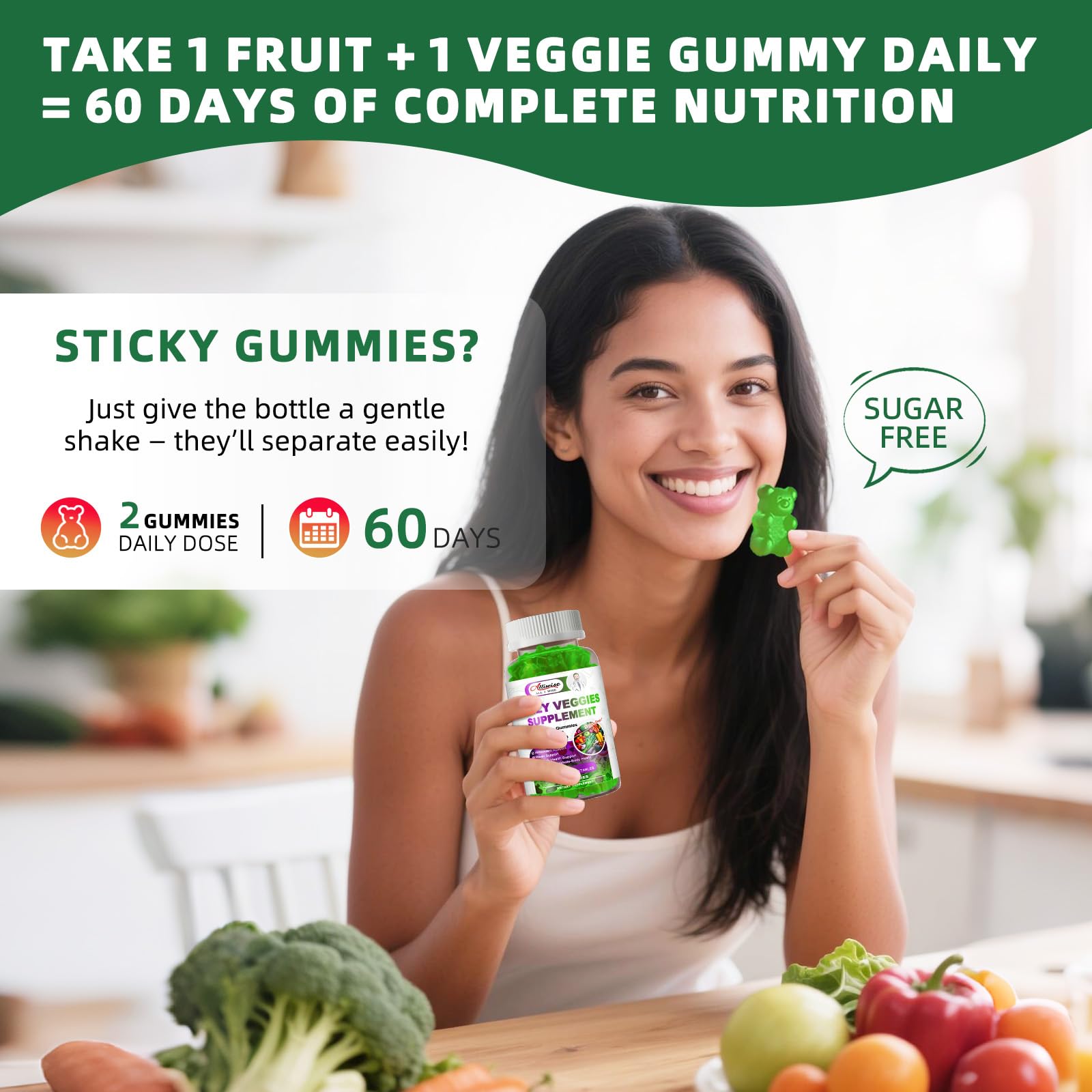 Sugar-Free Fruits & Veggies Gummies, Super Greens with 23 Fruits & 25 Veggies, Multivitamin Minerals & Fiber, Vegan Fruit & Vegetable Supplement for Adults, 120 Gummies, 2 Month Supply
