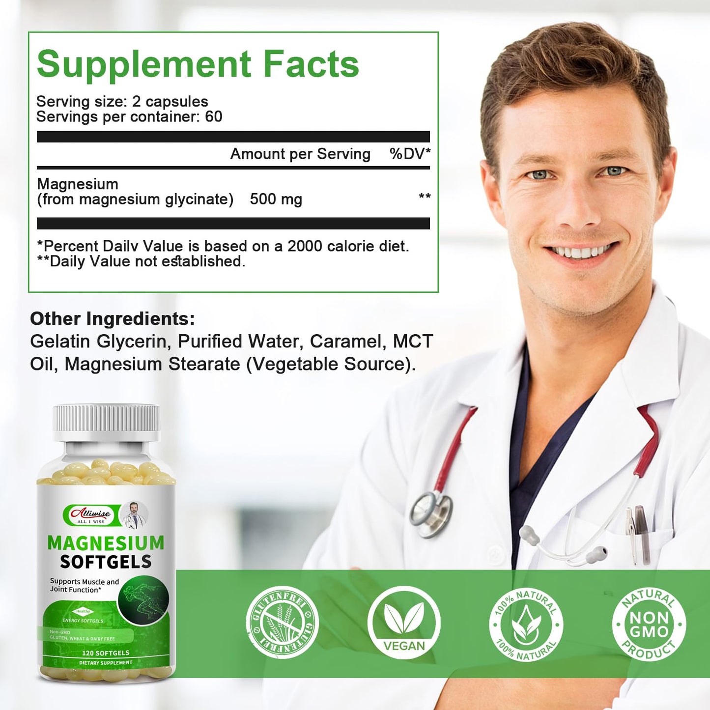 Magnesium Glycinate Supplement, High Absorption Dietary Supplement for Muscle, Heart, Nerve and Bone Support, Gluten Free, Non GMO, 120 Capsules, 60 Day Supply