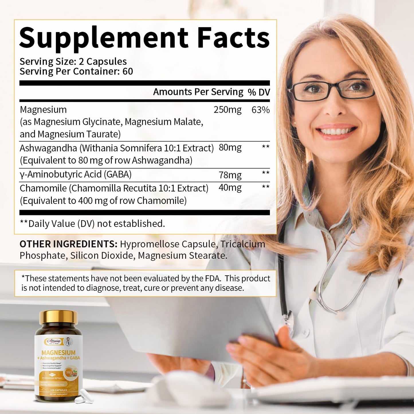 Magnesium Supplement + Ashwagandha & GABA, Magneium Glycinate, Taurate, Malate Complex for Clam Sleep, Muscles Recovery, Nerves, & Energy Support, High Absorption Vegan, Non-GMO - 120 ct