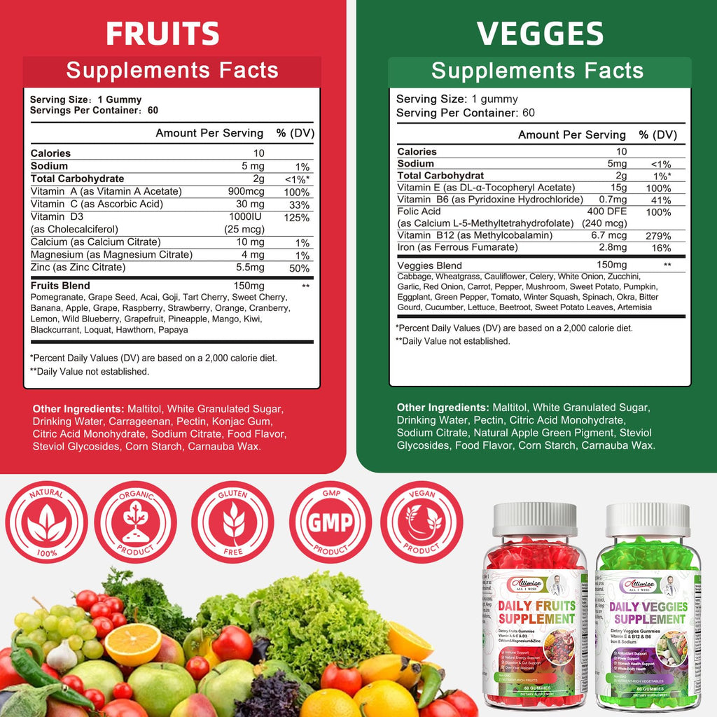 Sugar-Free Fruits & Veggies Gummies, Super Greens with 23 Fruits & 25 Veggies, Multivitamin Minerals & Fiber, Vegan Fruit & Vegetable Supplement for Adults, 120 Gummies, 2 Month Supply