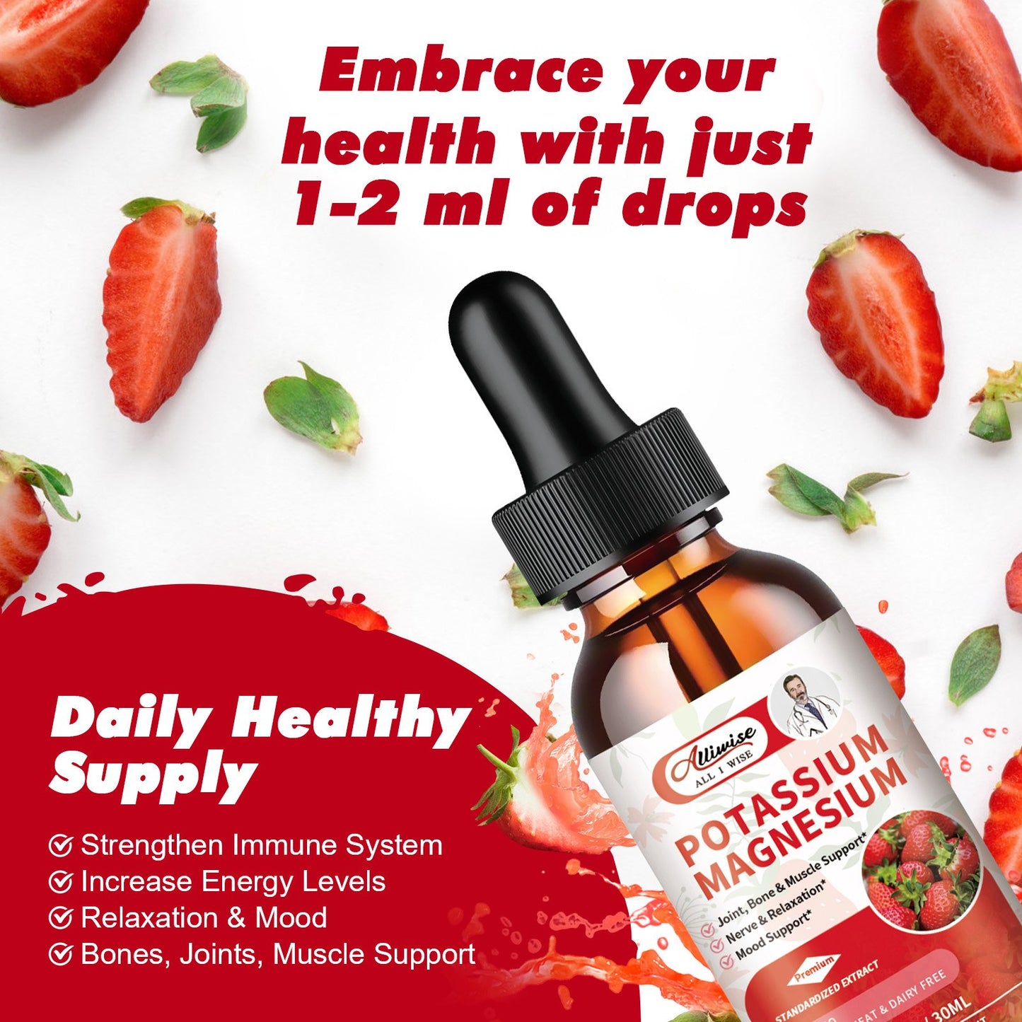 2 Pack Potassium Magnesium Supplement Liquid Drops Strawberry Flavor