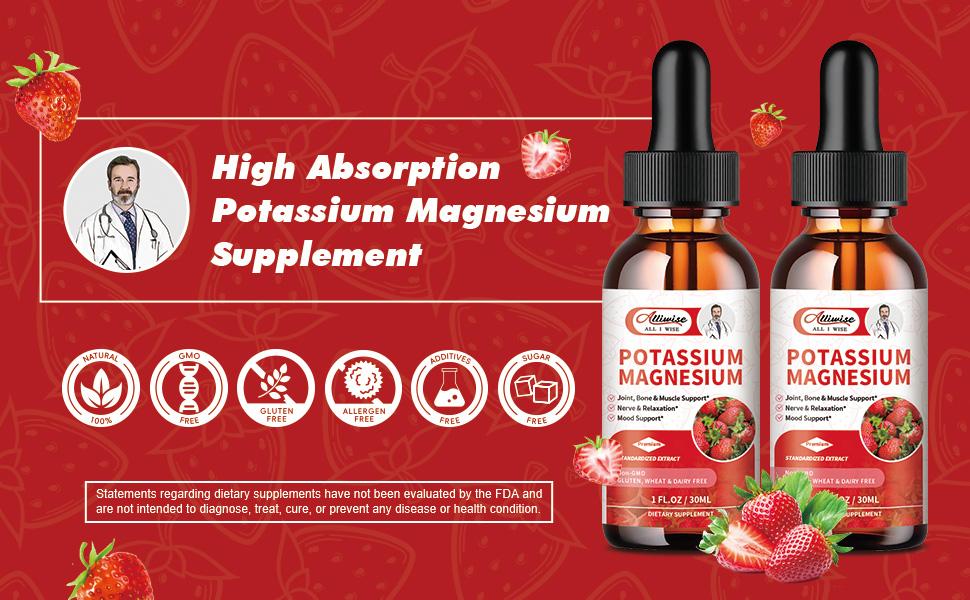 2 Pack Potassium Magnesium Supplement Liquid Drops Strawberry Flavor