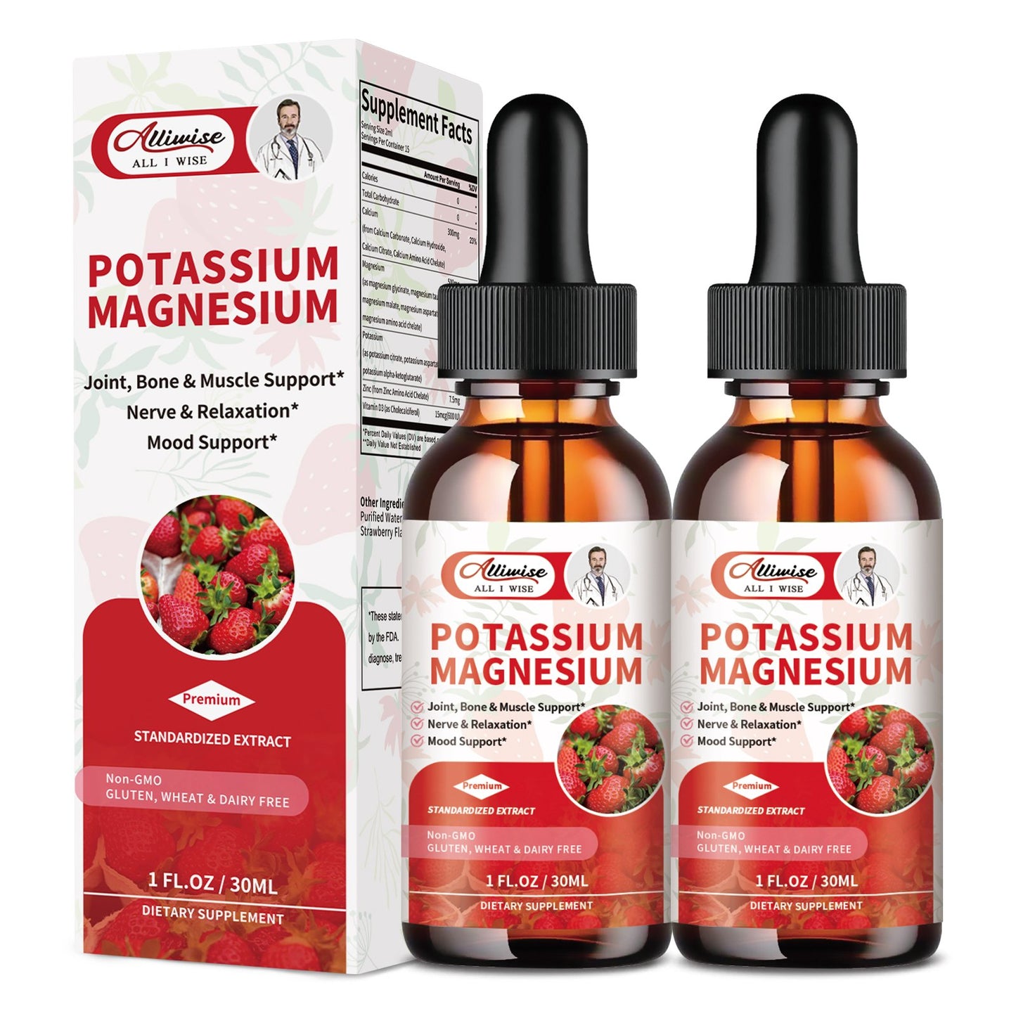 2 Pack Potassium Magnesium Supplement Liquid Drops Strawberry Flavor