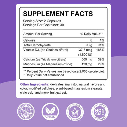 Calcium Citrate Capsule with Vitamin D - Calcium Citrate Supplement - Super Absorbable Bone Health & Muscle Function - 120 Capsules
