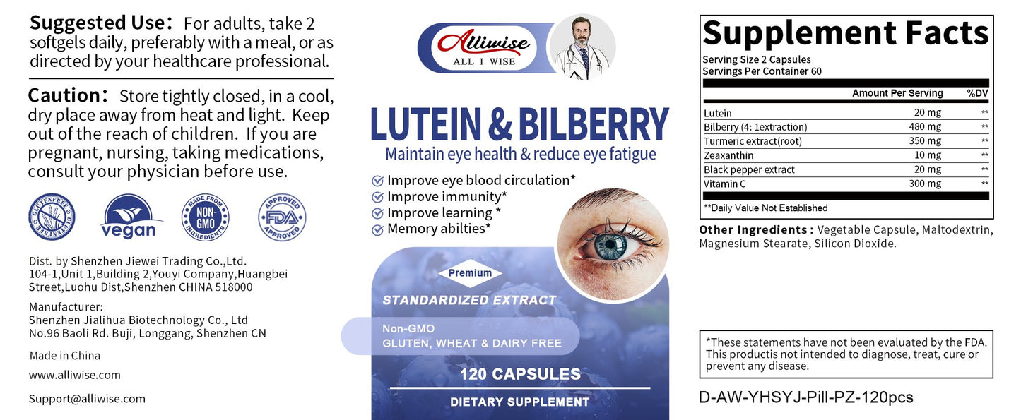 Alliwise Lutein and Zeaxanthin Bilberry Supplements Eye Health Vitamins for Eye Care Blue Light Macular, Red Eyes & Dry Eye