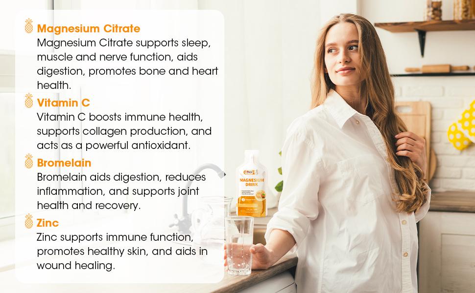 Magnesium Citrate Liquid 280mg Magnesium Drink Oral Solution with Vitamin, Zinc & Sodium Bromelain, Essential Magnesium Supplement Support Immune, Bone Health and Zzz, Pineapple Flavor, 10 Fl Oz
