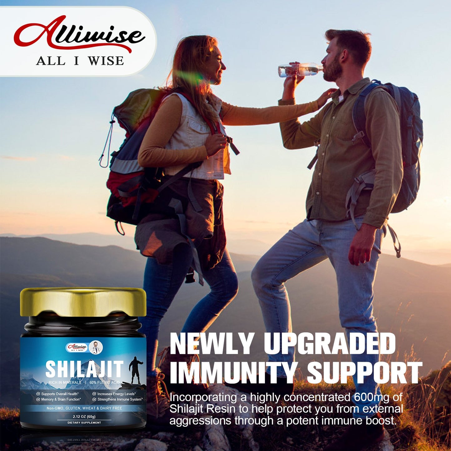 Alliwise 60g Original Shilajit Pure Himalayan Shilajit Resin with Fulvic Acid & 85+ Trace Minerals Complex for Energy & Immune Support
