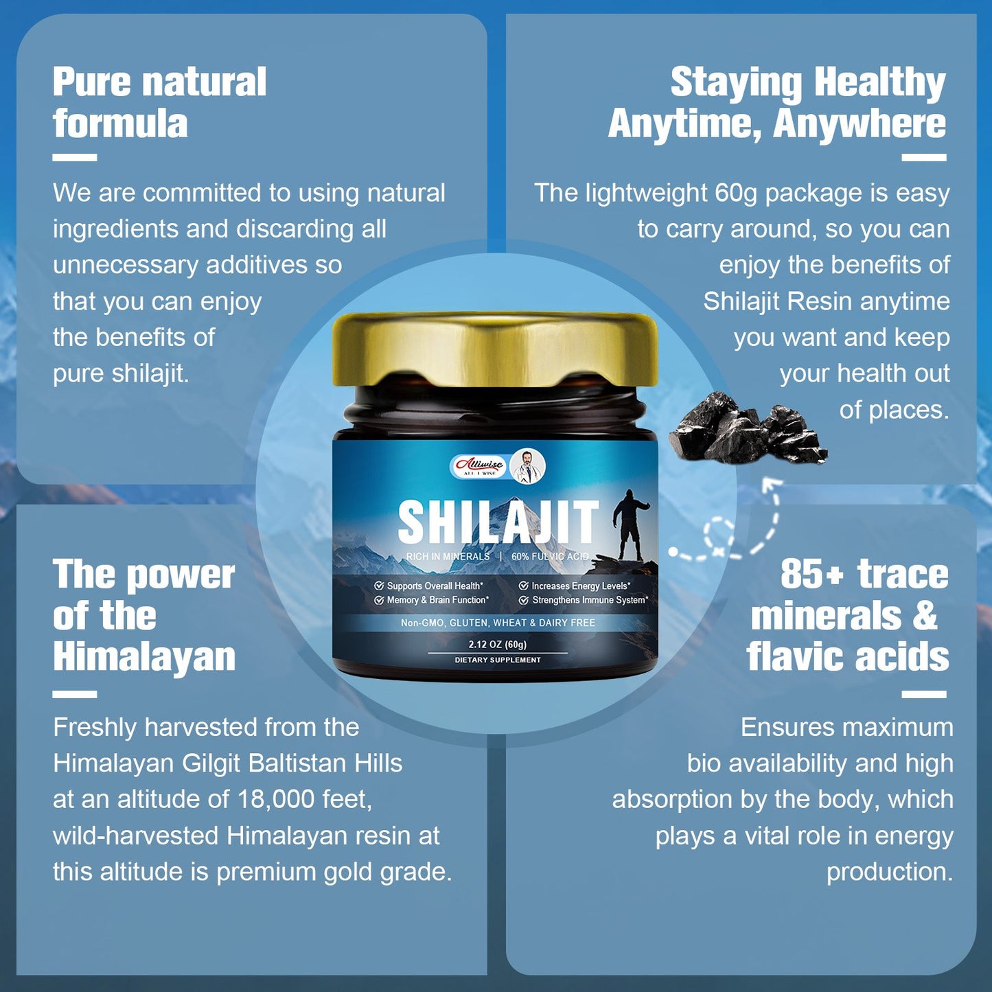 Alliwise 60g Original Shilajit Pure Himalayan Shilajit Resin with Fulvic Acid & 85+ Trace Minerals Complex for Energy & Immune Support