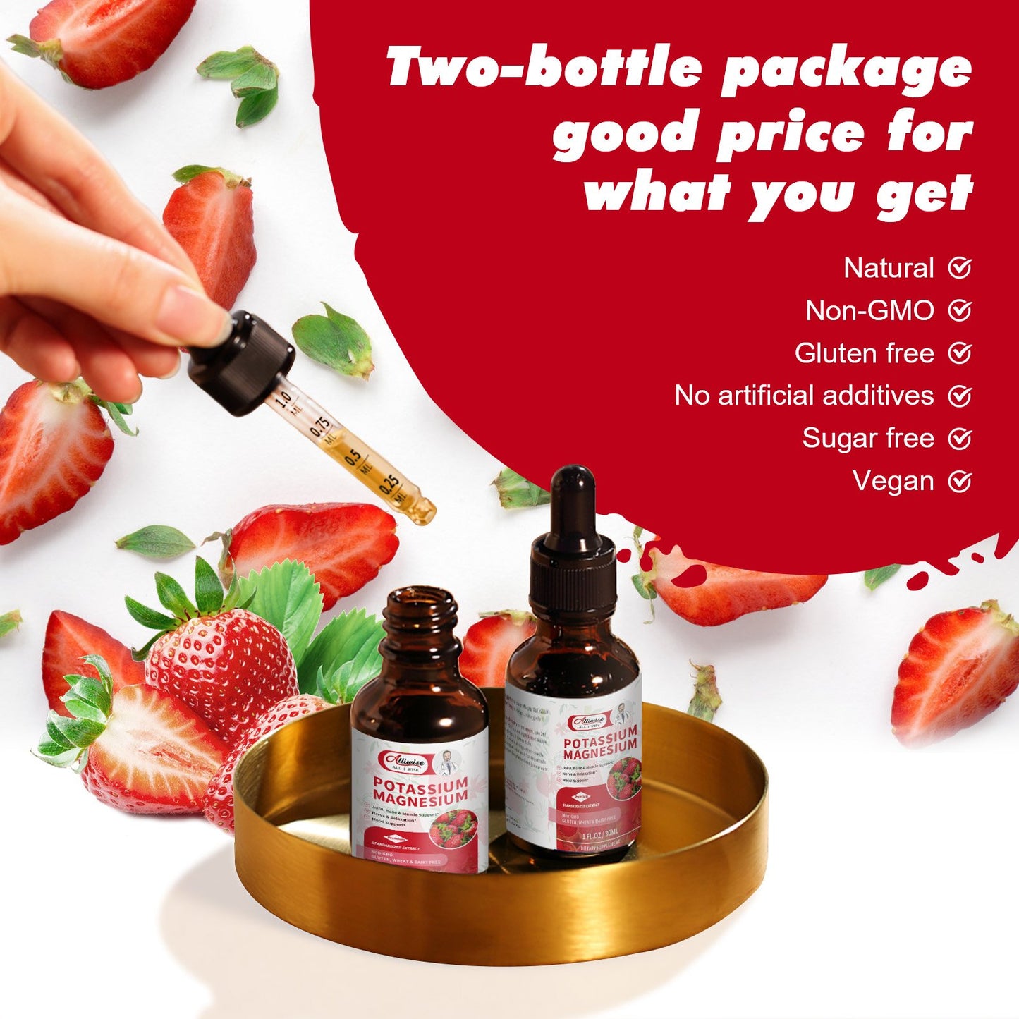 2 Pack Potassium Magnesium Supplement Liquid Drops Strawberry Flavor