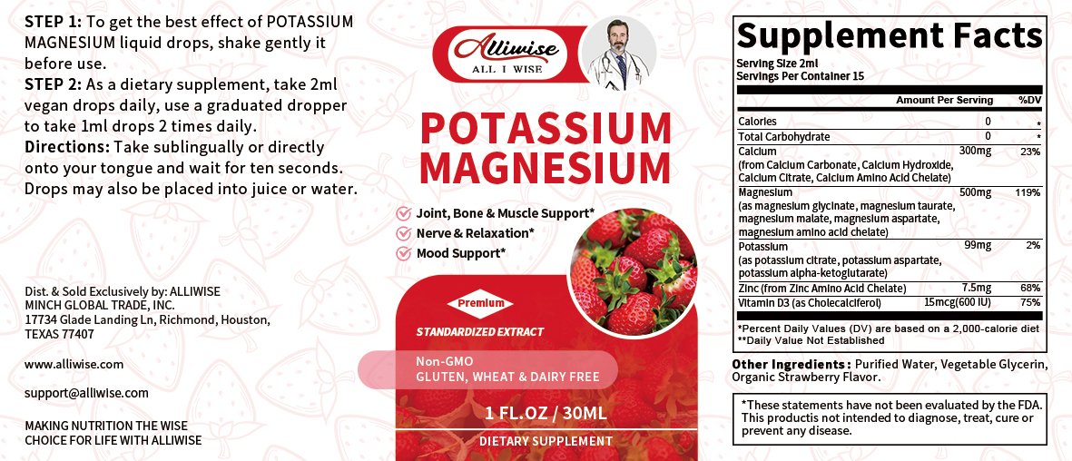 2 Pack Potassium Magnesium Supplement Liquid Drops Strawberry Flavor