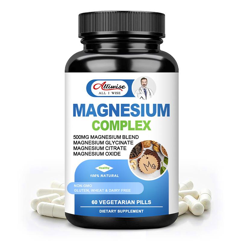 Alliwise Magnesium Complex 500mg of Magnesium Glycinate, Oxide&Citrate for Muscle Relaxation, Nerves Health& Energy-60capsules
