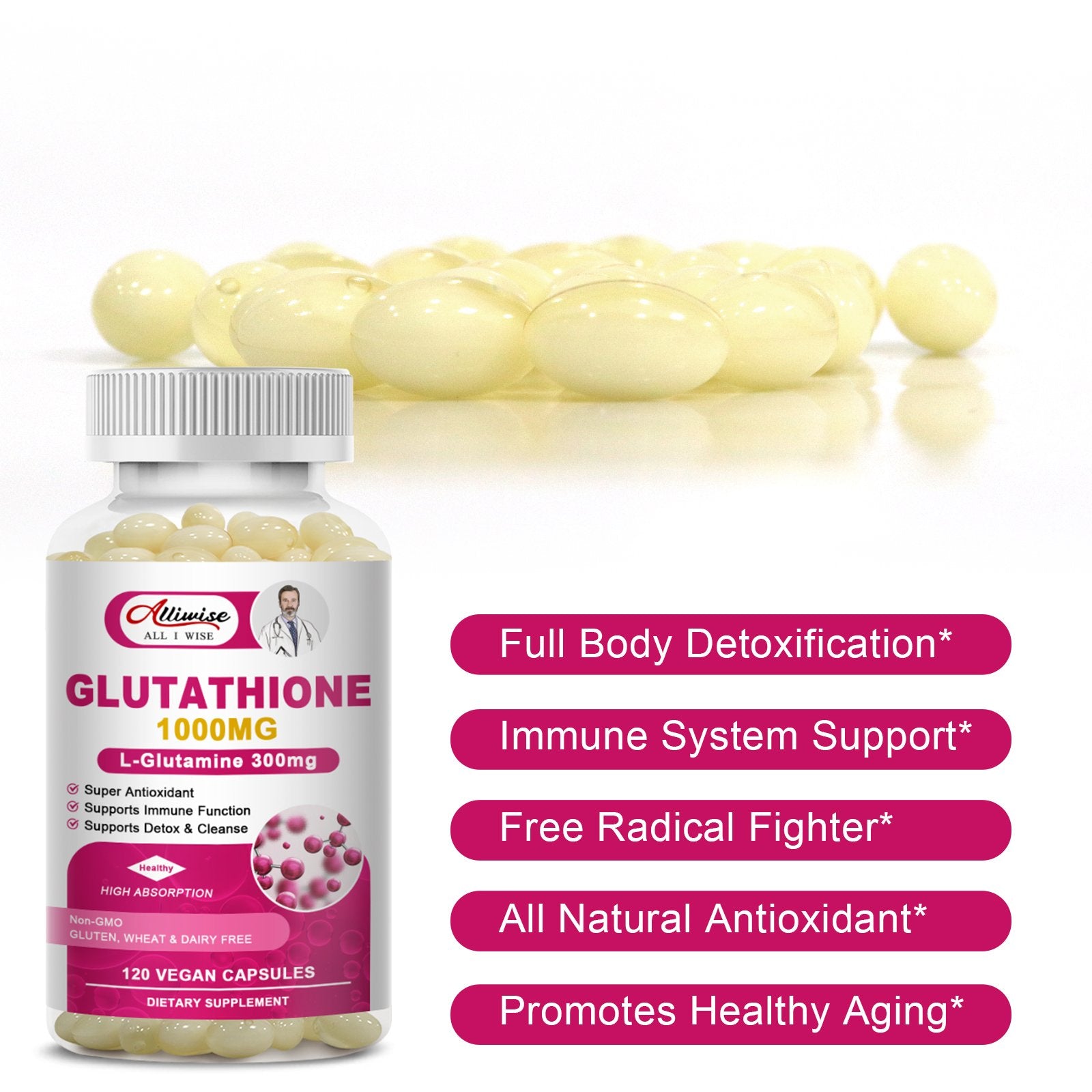Alliwise Glutathione 1000mg Softgels Capsules L-Glutamine 300mg Alliwise Glutathione 1000mg Softgels Capsules L-Glutamine 300mg