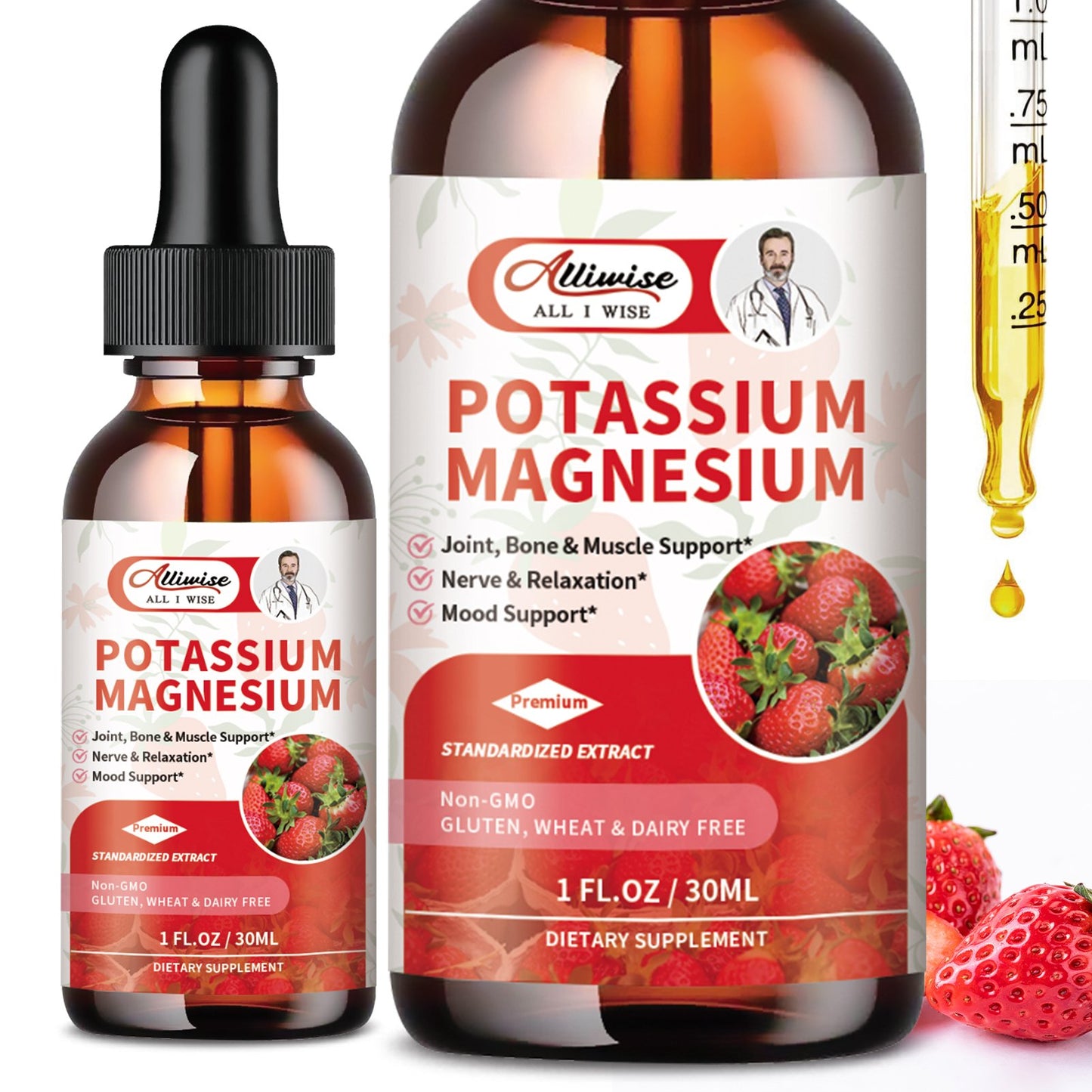 2 Pack Potassium Magnesium Supplement Liquid Drops Strawberry Flavor