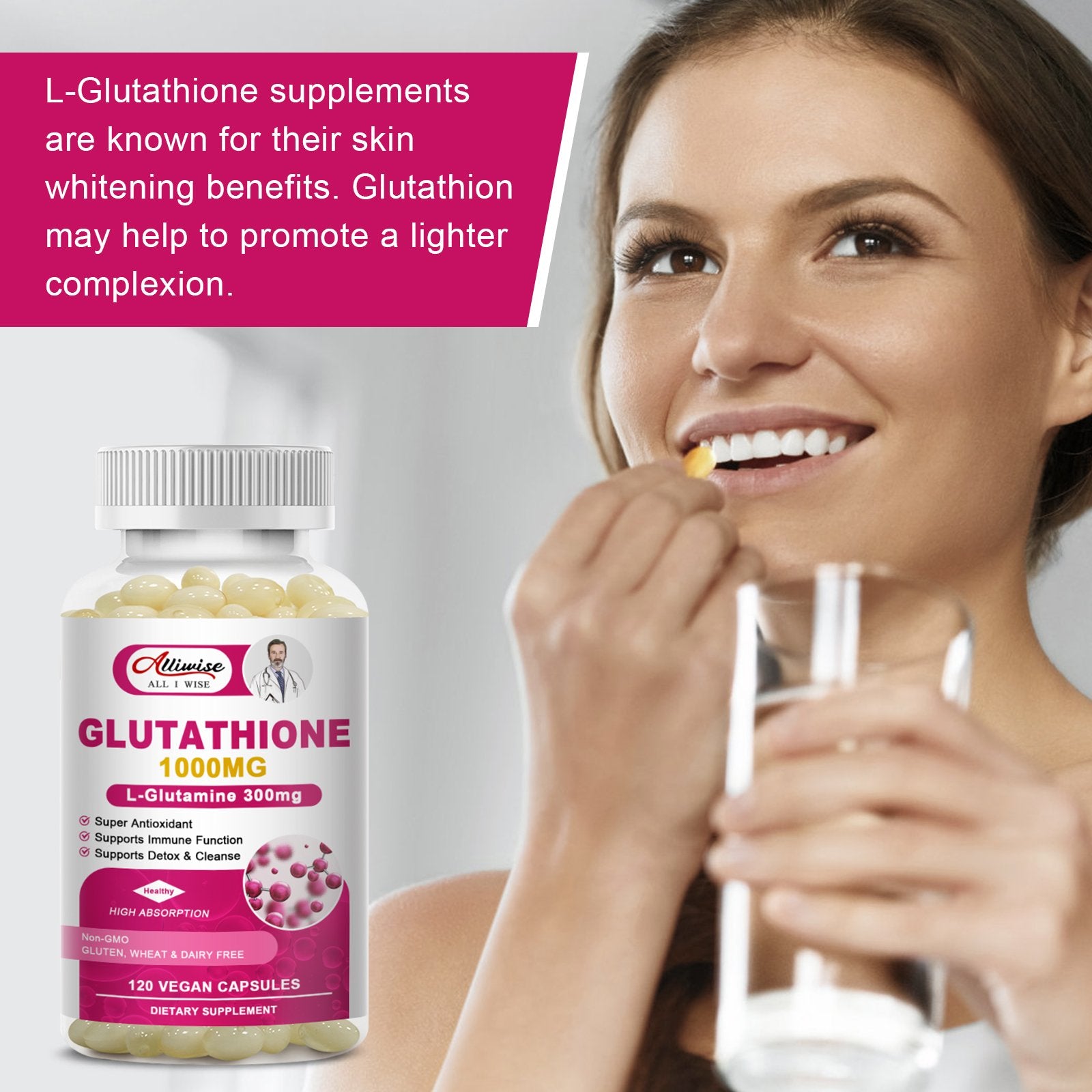 Alliwise Glutathione 1000mg Softgels Capsules L-Glutamine 300mg Alliwise Glutathione 1000mg Softgels Capsules L-Glutamine 300mg