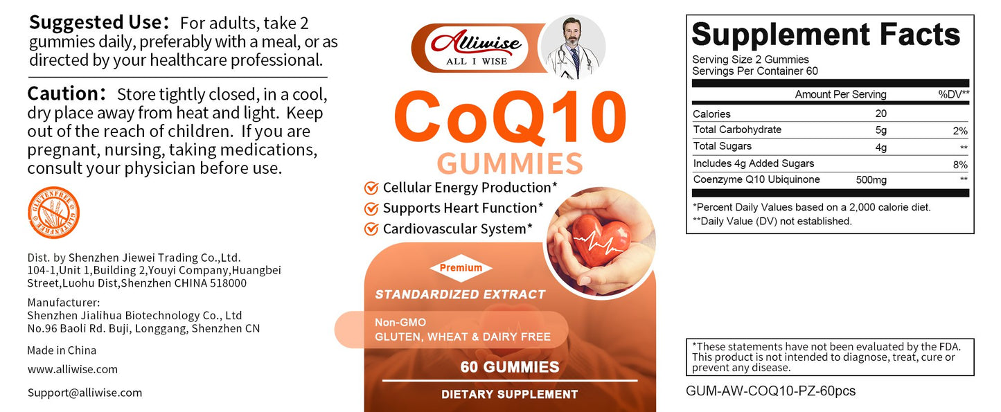 Alliwise Coq10 Supplement Coenzyme q10 Gummies for Heart Health, Energy, Antioxidants, Brain & Memory Health, Cognition & Cardiovascular