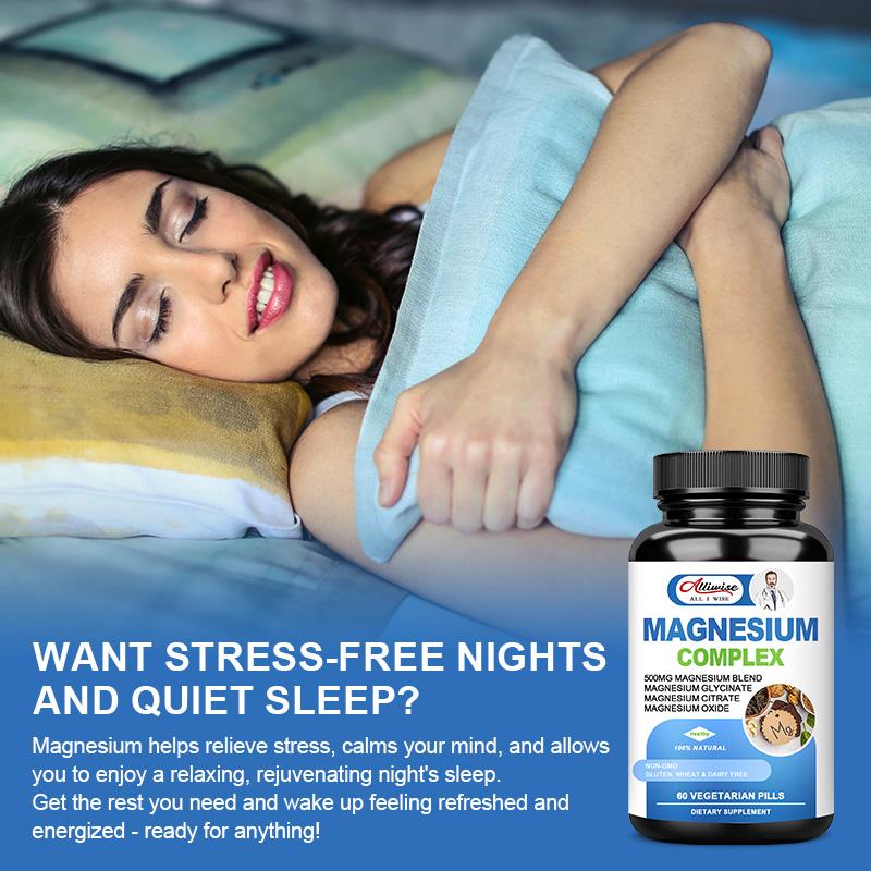 Alliwise Magnesium Complex 500mg of Magnesium Glycinate, Oxide&Citrate for Muscle Relaxation, Nerves Health& Energy-60capsules