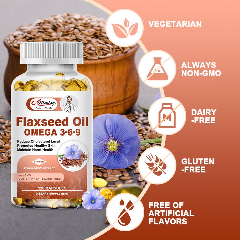 Alliwise Flaxseed Oil Softgels 1000mg Omega 3-6-9 Supplement For for Cardiovascular, Cognitive, Immune Support Healthy Hair, Skin, & Nails