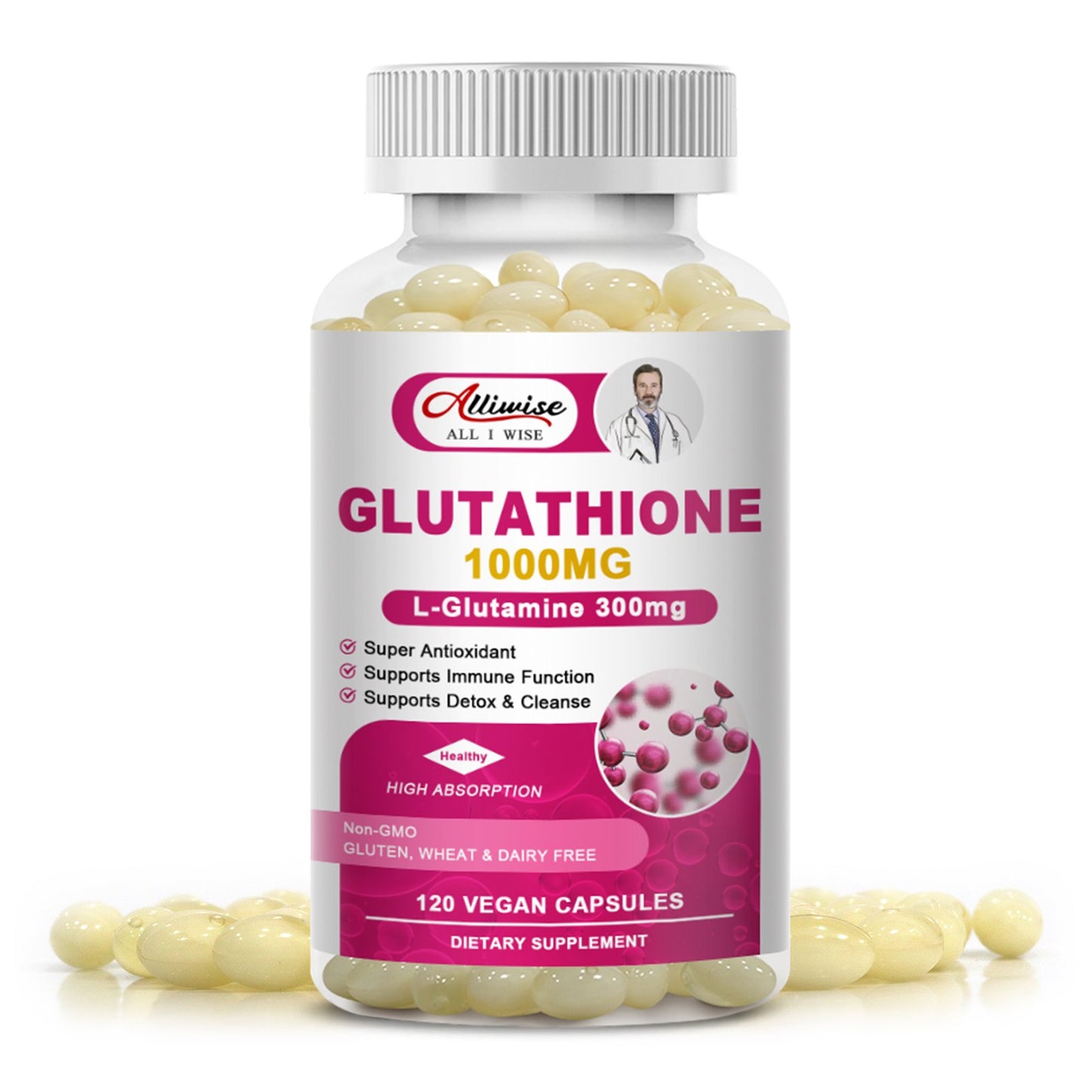 Alliwise Glutathione 1000mg Softgels Capsules L-Glutamine 300mg