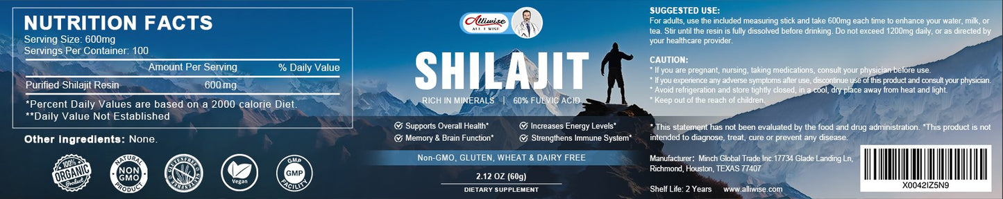 Alliwise 60g Original Shilajit Pure Himalayan Shilajit Resin with Fulvic Acid & 85+ Trace Minerals Complex for Energy & Immune Support