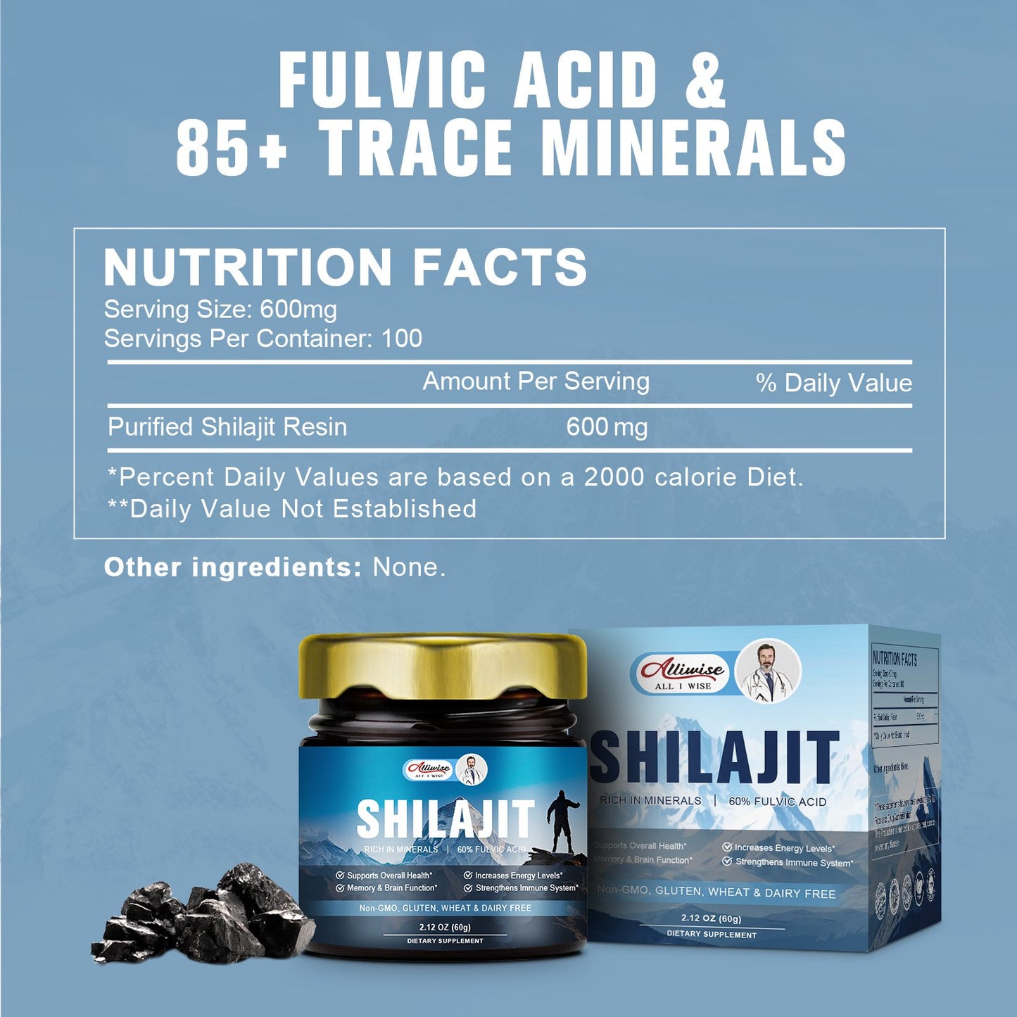 Alliwise 60g Original Shilajit Pure Himalayan Shilajit Resin with Fulvic Acid & 85+ Trace Minerals Complex for Energy & Immune Support