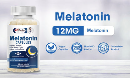 Melatonin 12 Mg capsules for aiding Fall Asleep Fast helping Calming & Relaxing and Regulate Sleep Cycle