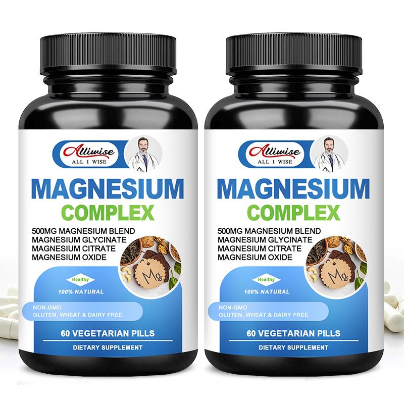 Alliwise Magnesium Complex 500mg of Magnesium Glycinate, Oxide&Citrate for Muscle Relaxation, Nerves Health& Energy-60capsules