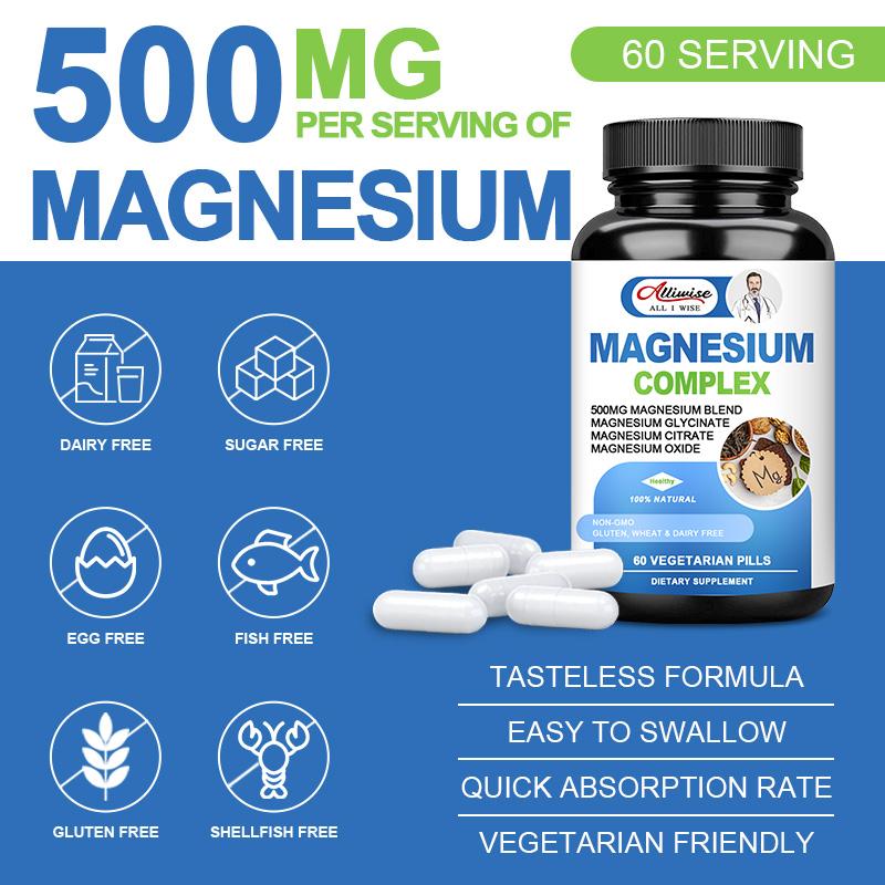 Alliwise Magnesium Complex 500mg of Magnesium Glycinate, Oxide&Citrate for Muscle Relaxation, Nerves Health& Energy-60capsules