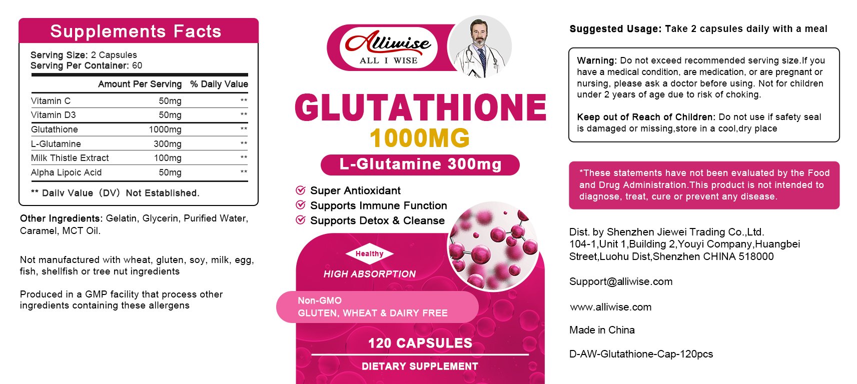 Alliwise Glutathione 1000mg Softgels Capsules L-Glutamine 300mg Alliwise Glutathione 1000mg Softgels Capsules L-Glutamine 300mg