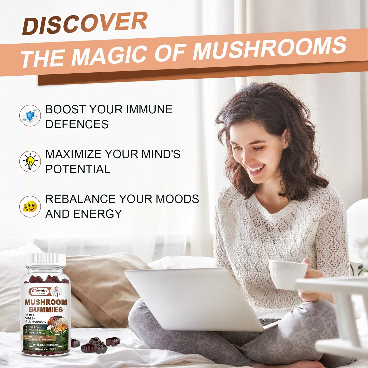 10 Mushroom Complex Gummies Brain Immune Support & Stress Relief Support- 60 Counts