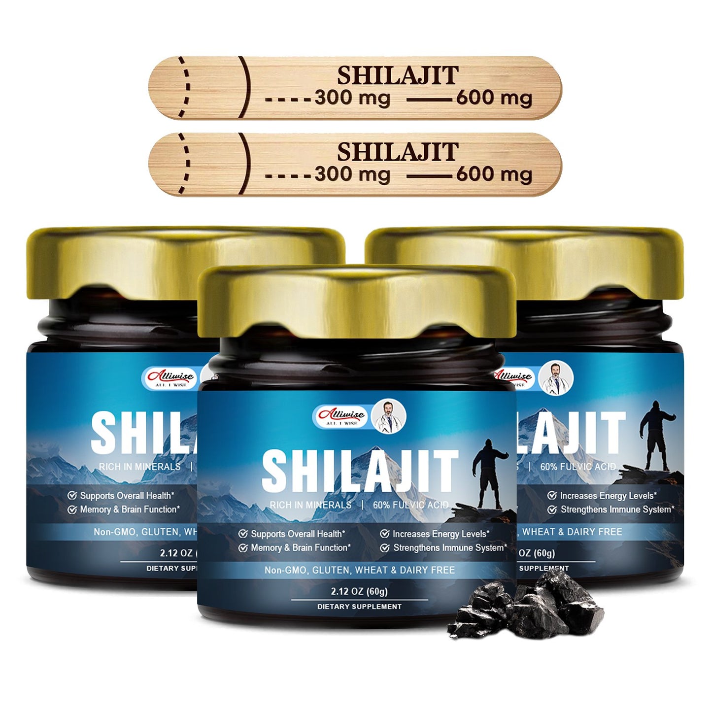 Alliwise 60g Original Shilajit Pure Himalayan Shilajit Resin with Fulvic Acid & 85+ Trace Minerals Complex for Energy & Immune Support