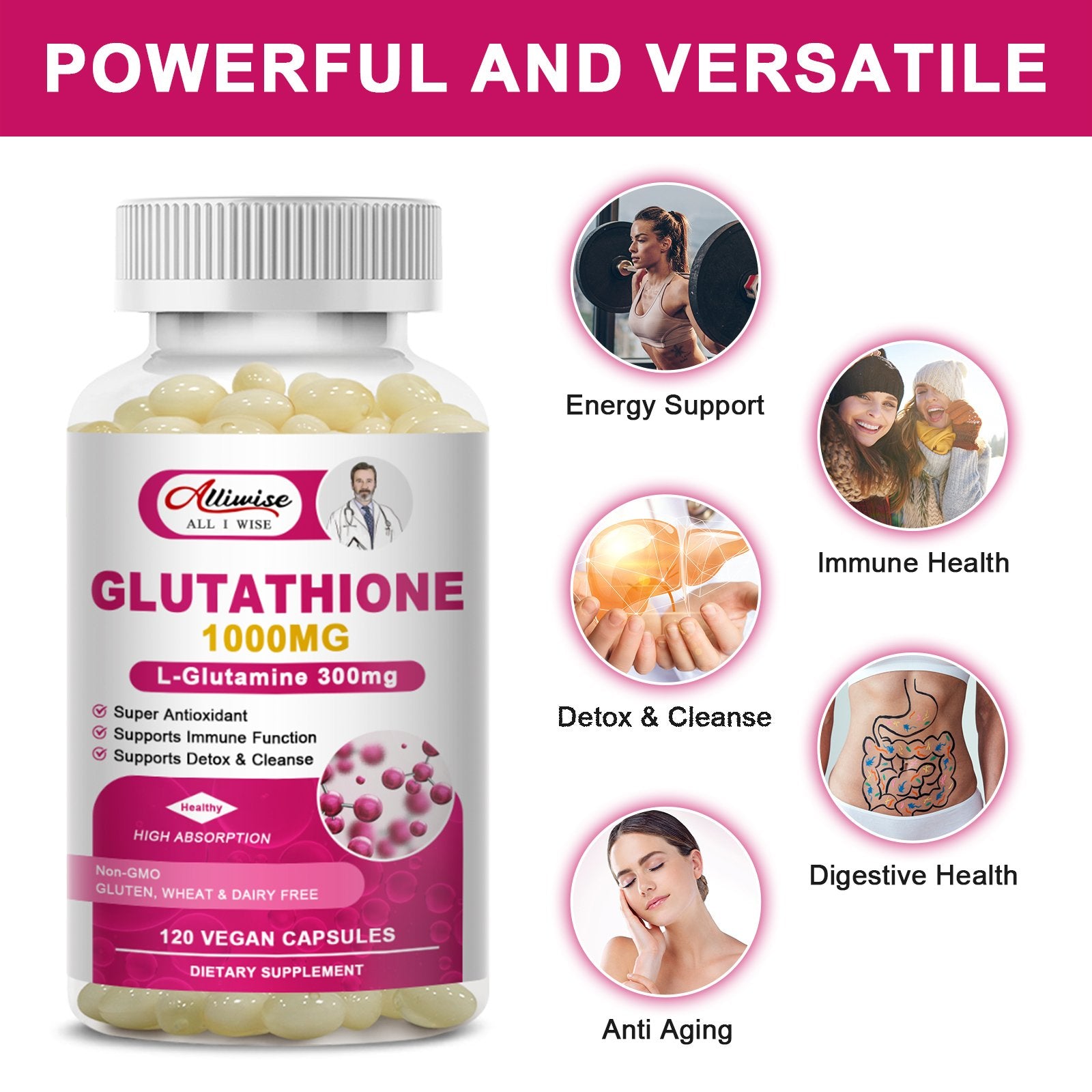 Alliwise Glutathione 1000mg Softgels Capsules L-Glutamine 300mg Alliwise Glutathione 1000mg Softgels Capsules L-Glutamine 300mg